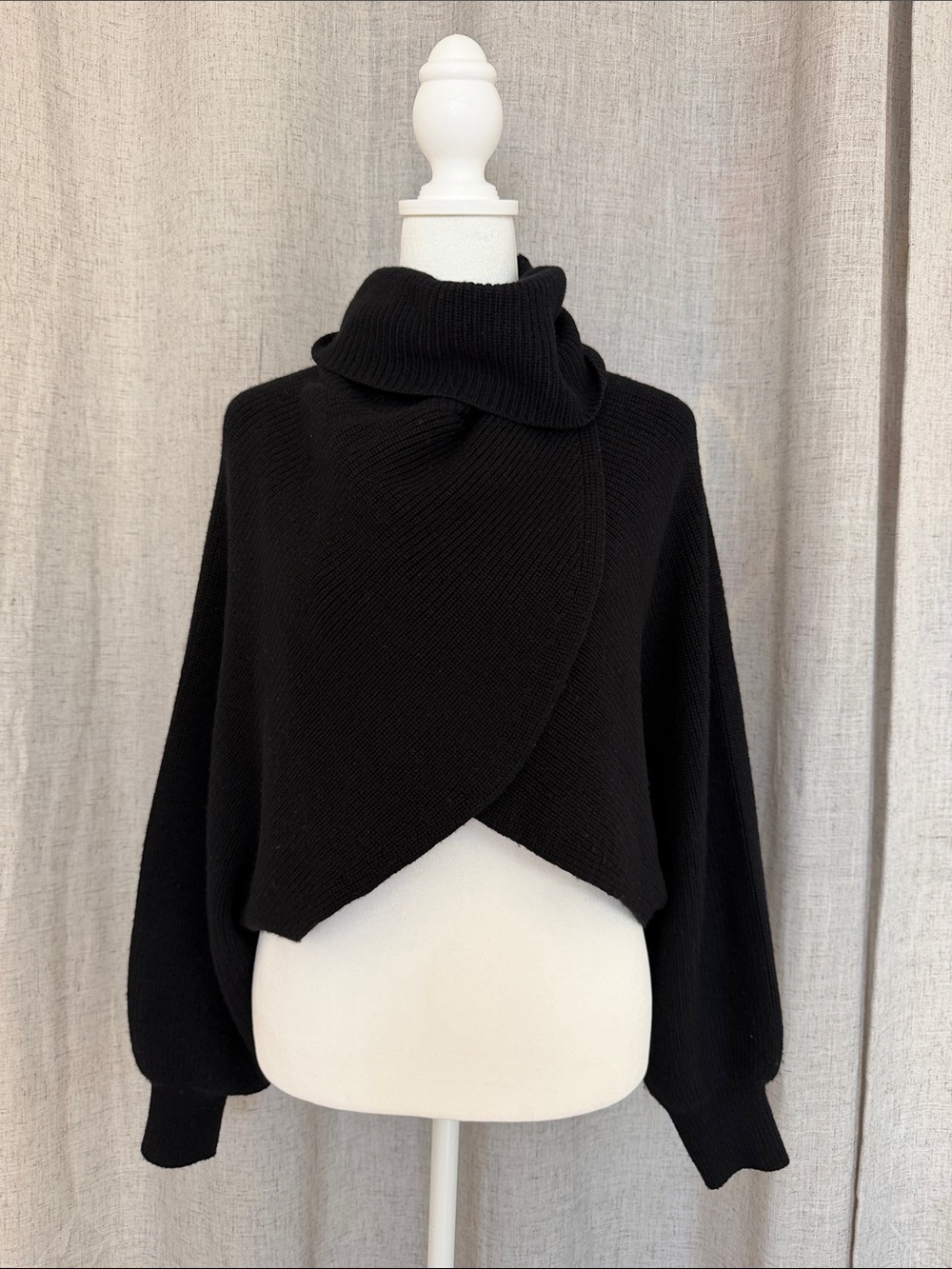 Alice + Olivia Black Cropped Wrap Turtleneck Sweater